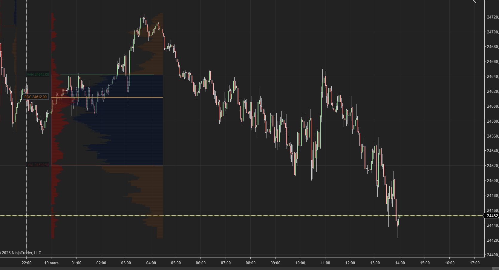 Seconde vue du TradingBoost TBVP Pro avec volume profile et lecture de range sur NinjaTrader 8